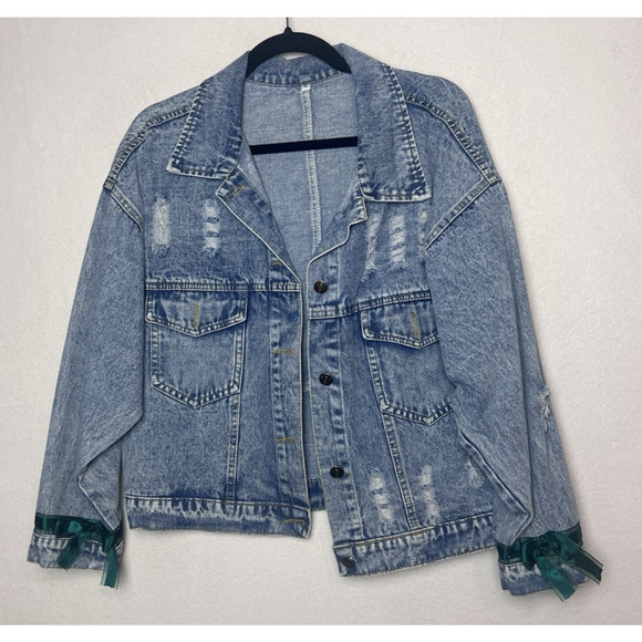 Denim Jean Jacket Women's Unbranded Size XL Patches Ribbon Details - Picture 1 of 10